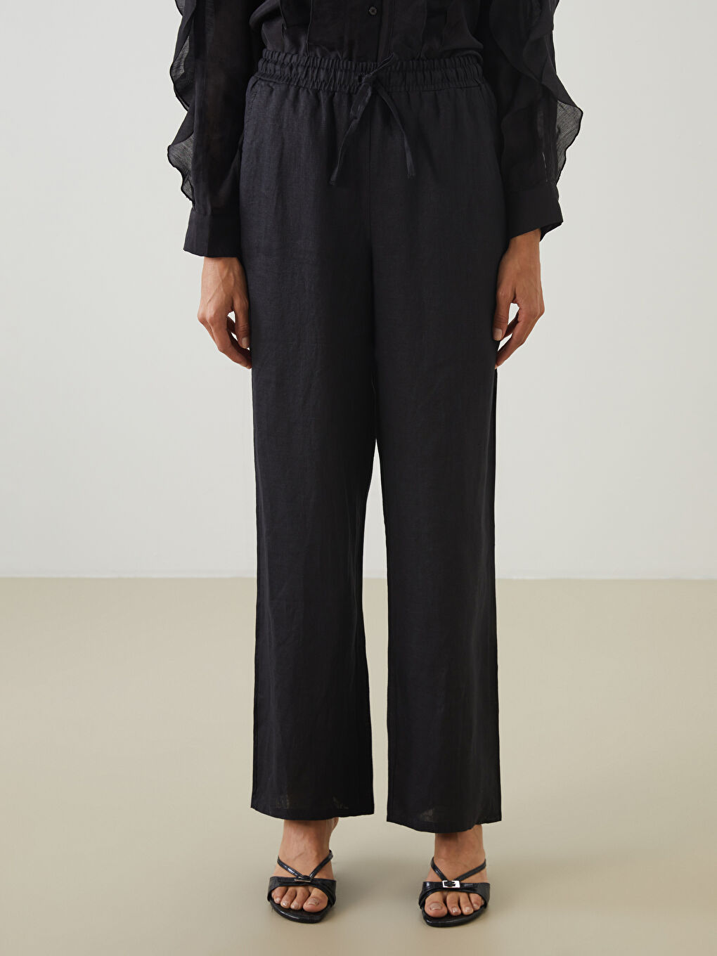 LCW Modest Siyah Beli Lastikli Keten Kadın Pantolon - 2