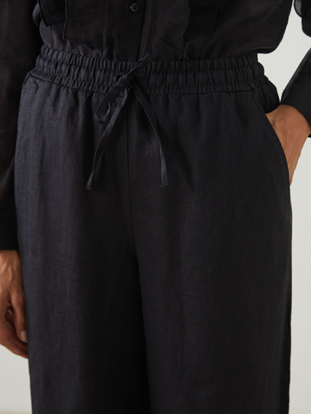 LCW Modest Siyah Beli Lastikli Keten Kadın Pantolon - 3