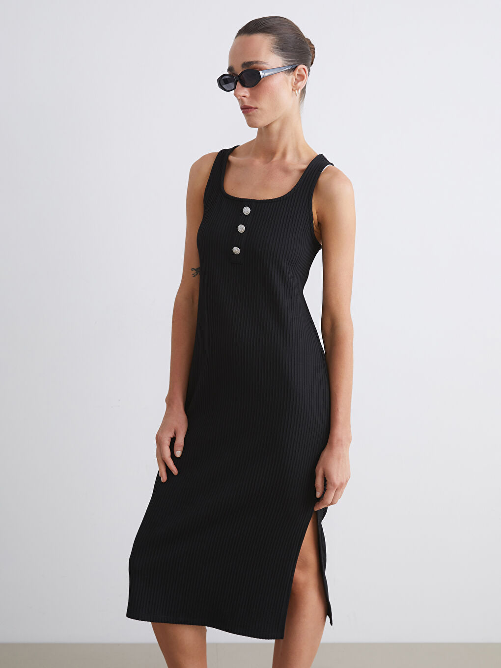 Siyah U Yaka Fitilli Bodycon Elbise