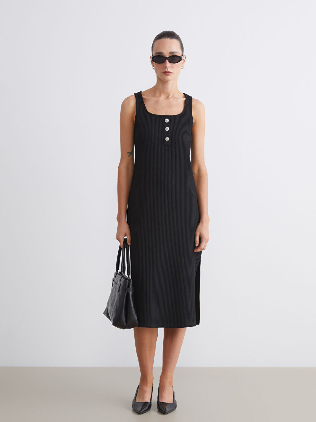 Siyah U Yaka Fitilli Bodycon Elbise-1