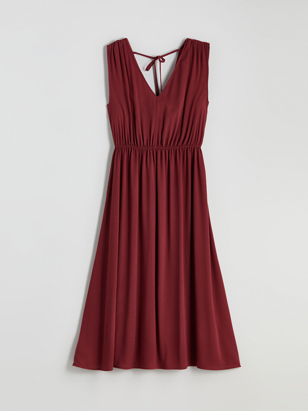 Bordo V Yaka Belden Oturtmalı Elbise-4