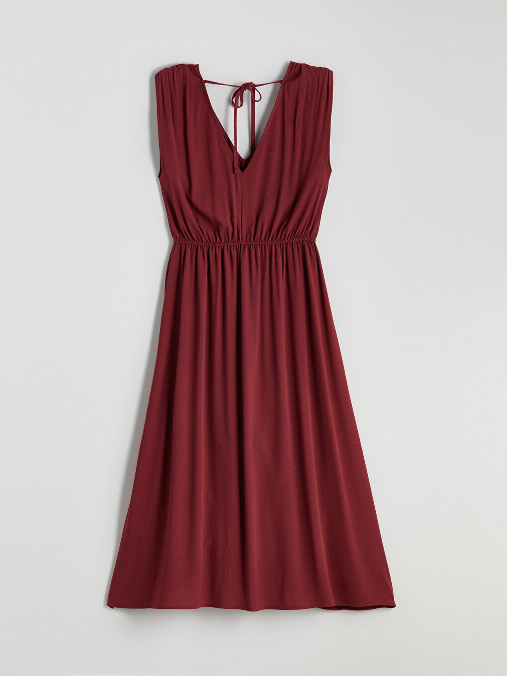 Bordo V Yaka Belden Oturtmalı Elbise-5