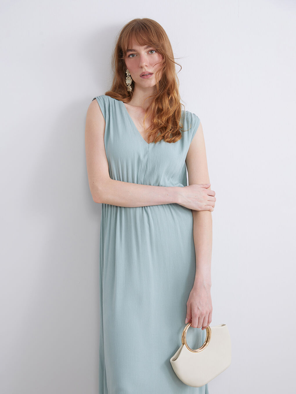 Yeşil V Yaka Belden Oturtmalı Elbise-1