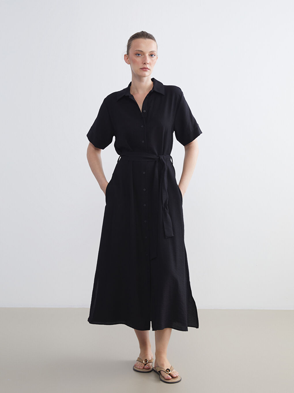 Siyah Beli Kuşaklı Gömlek Elbise-1