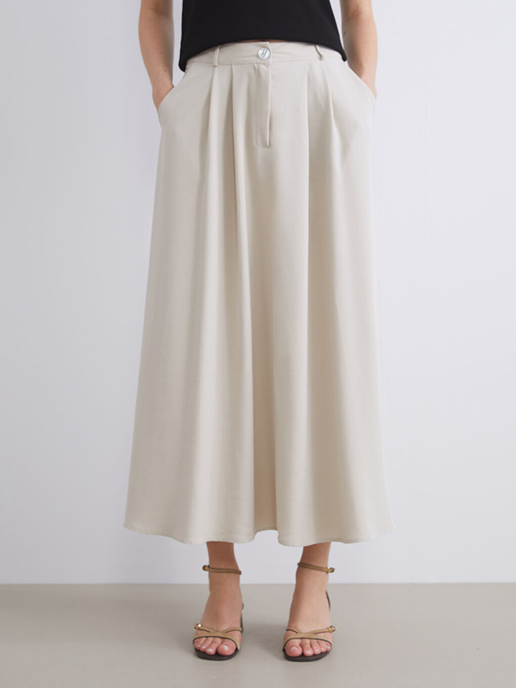 Ekru Keten Karışımlı Pileli Etek-1