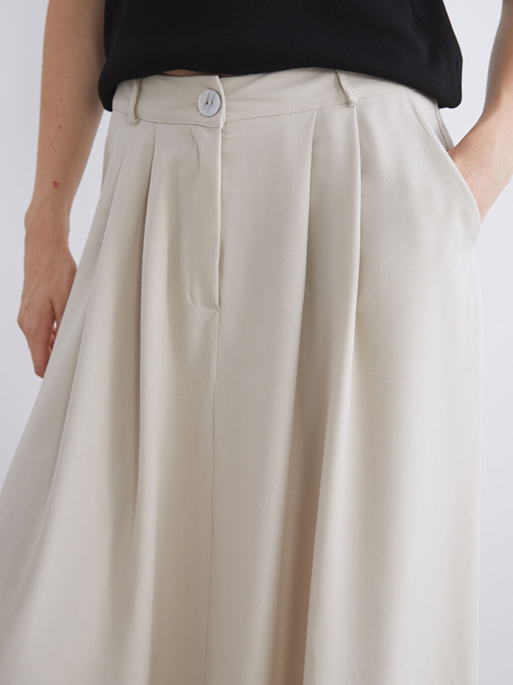 Ekru Keten Karışımlı Pileli Etek-2