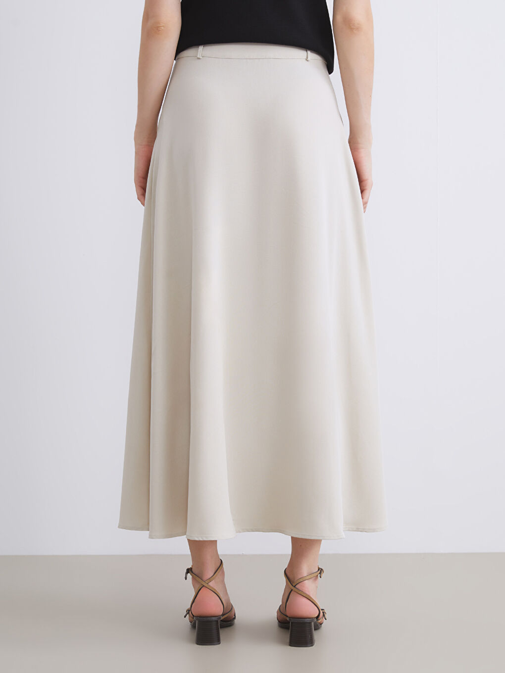 Ekru Keten Karışımlı Pileli Etek-3