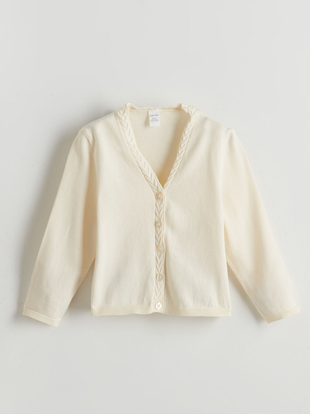 Ekru V Yaka Pamuklu Kız Çocuk Hırka