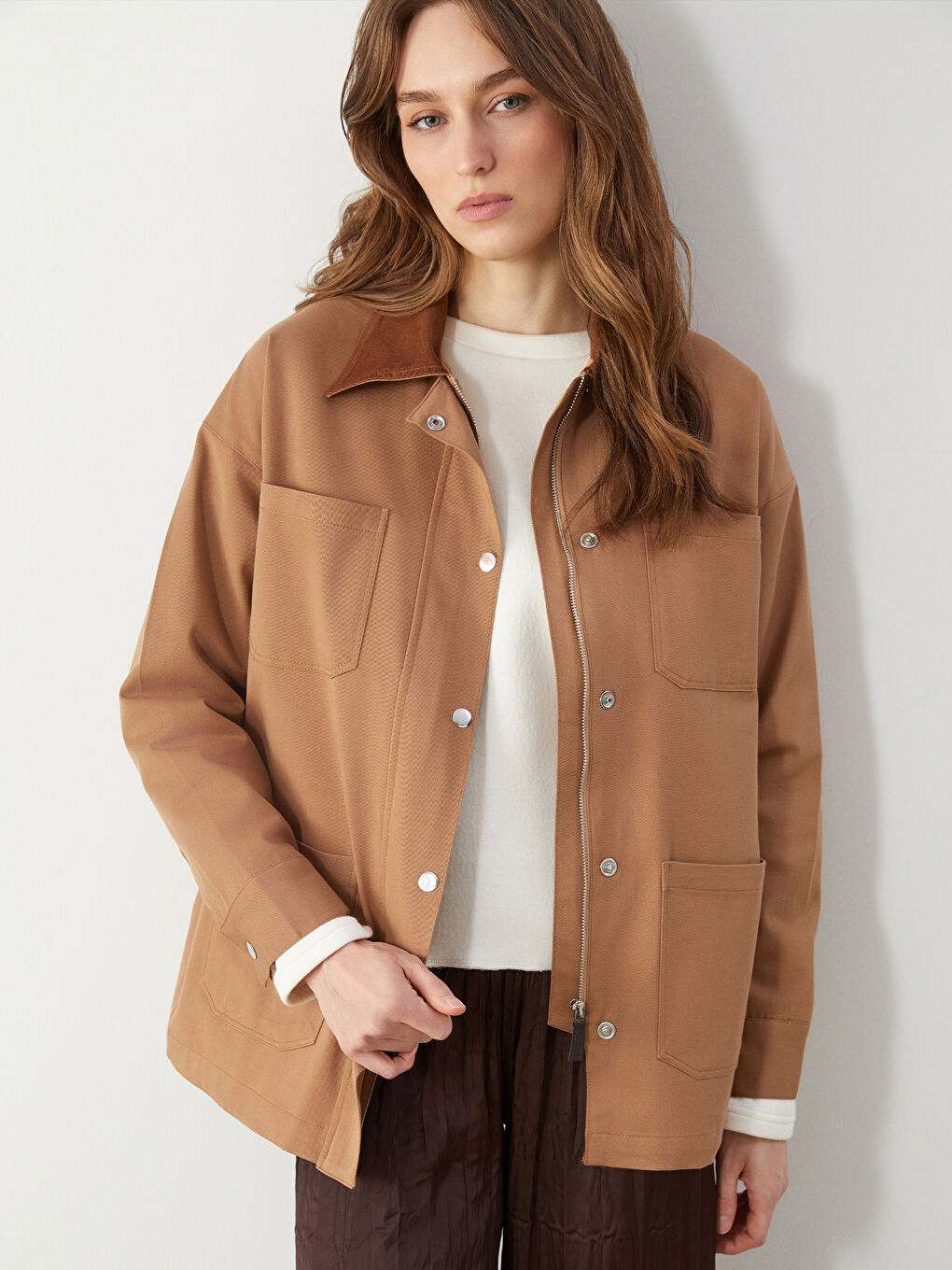 LCW Modest Kahverengi Gömlek Yaka Oversize Kadın Ceket