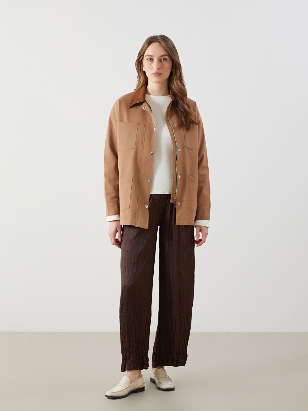 LCW Modest Kahverengi Gömlek Yaka Oversize Kadın Ceket - 1