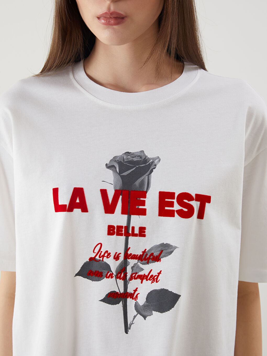 Ekru Bisiklet Yaka Baskılı Oversize Kadın Tişört-2