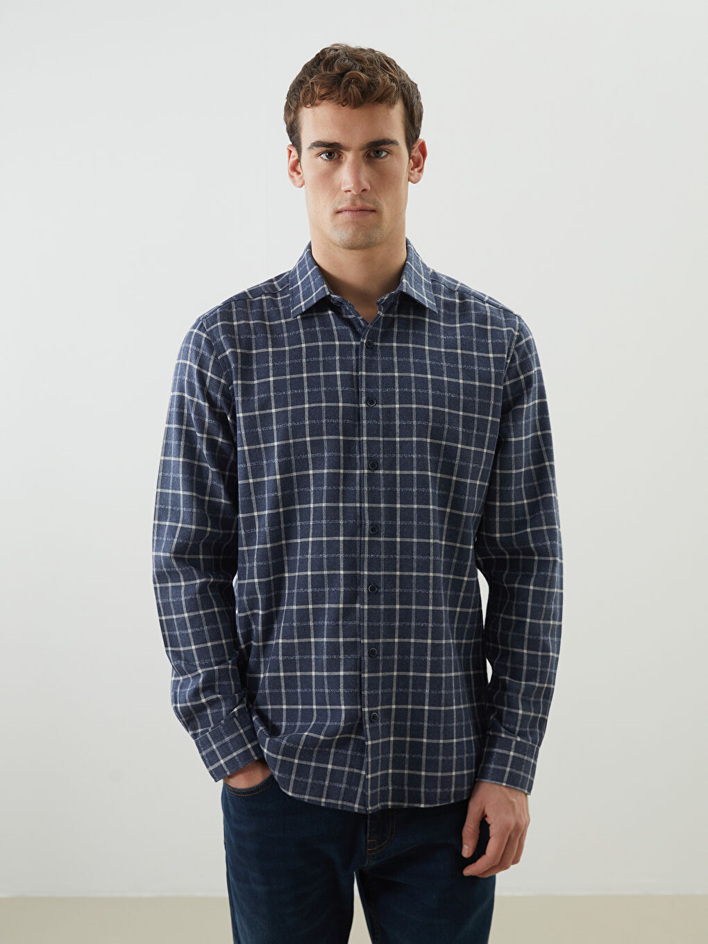 Lacivert Regular Fit Uzun Kollu Ekose Erkek Oduncu Gömlek