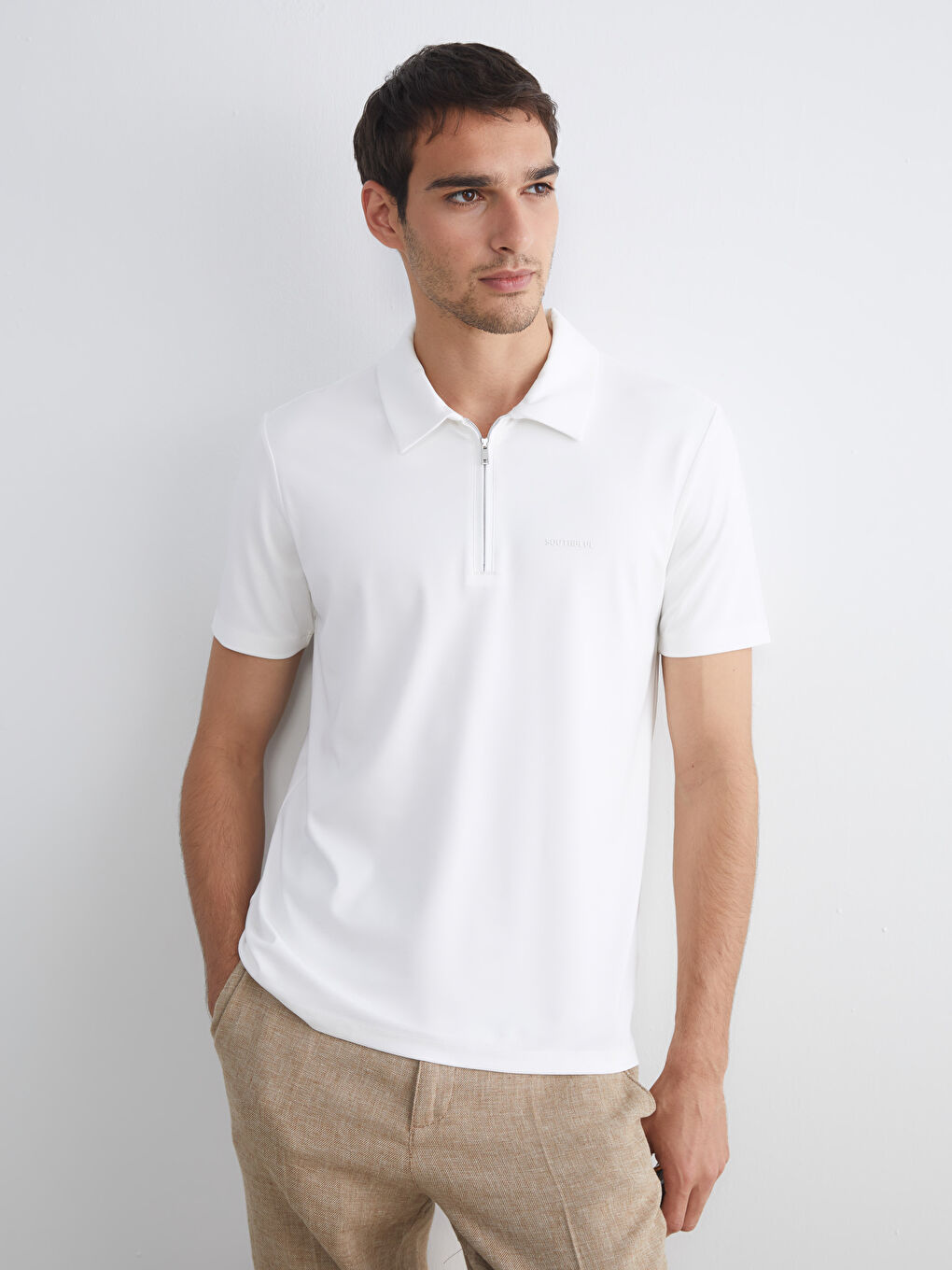 Ekru Polo Yaka Baskılı Erkek Tişört