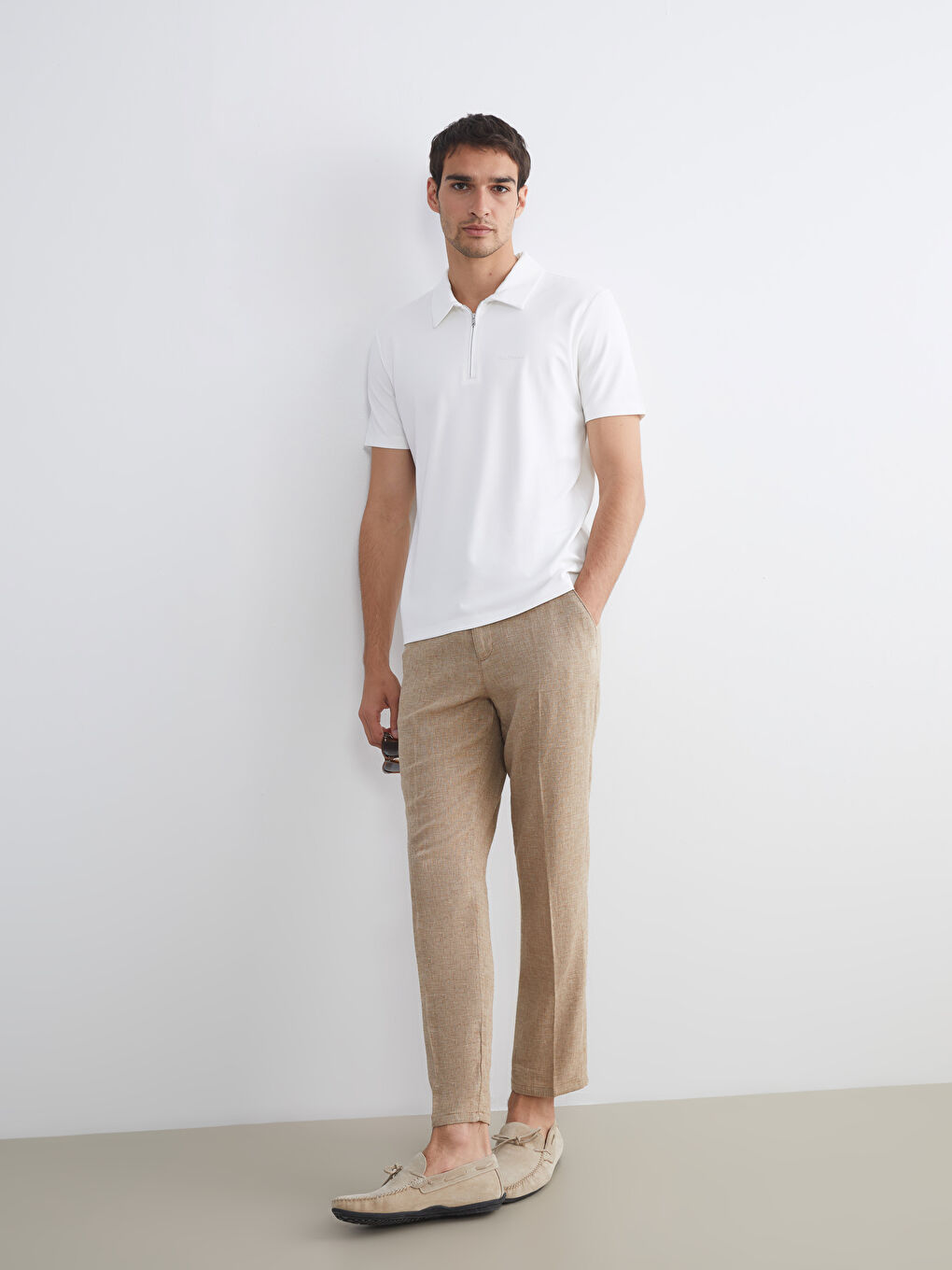 Ekru Polo Yaka Baskılı Erkek Tişört-1