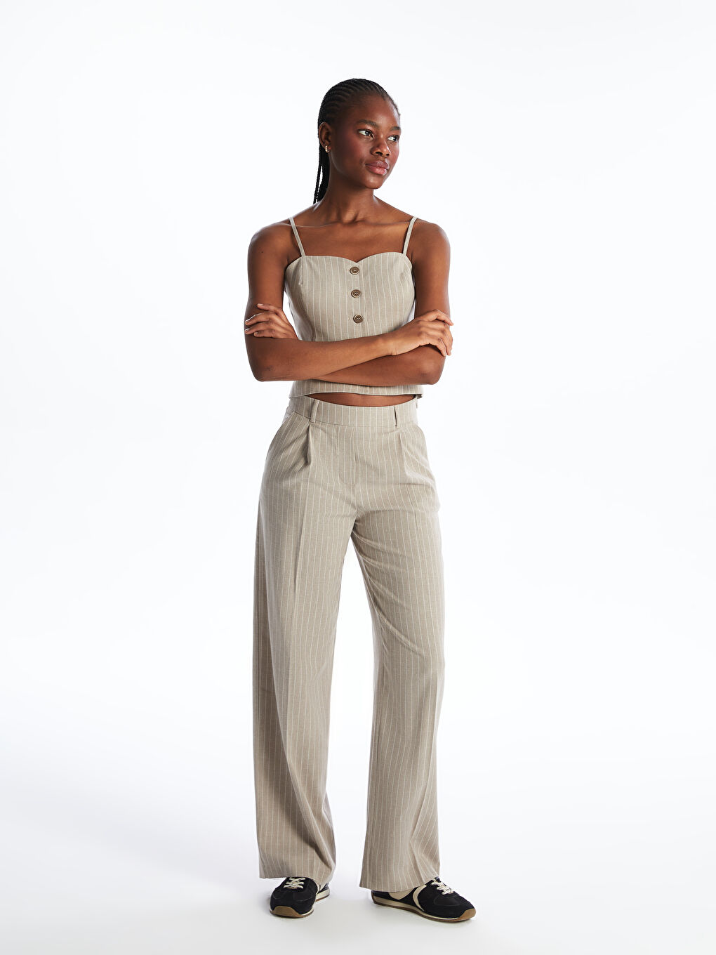 XSIDE Zippered Waist Striped Linen Blend Women's Trousers -S5NU22Z8-LE4