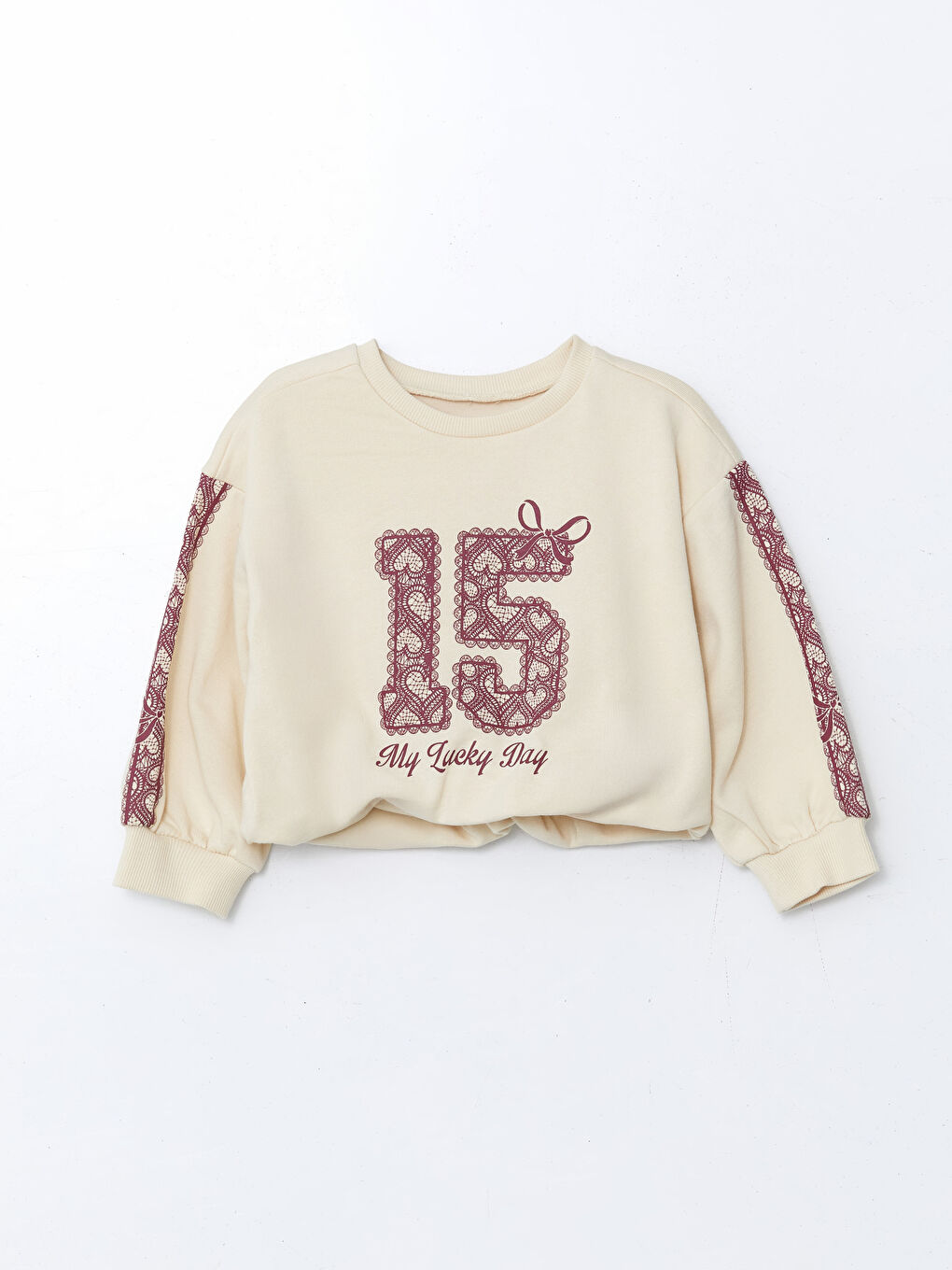 LCW Kids Ekru Bisiklet Yaka Yazı Baskılı Kız Çocuk Sweatshirt