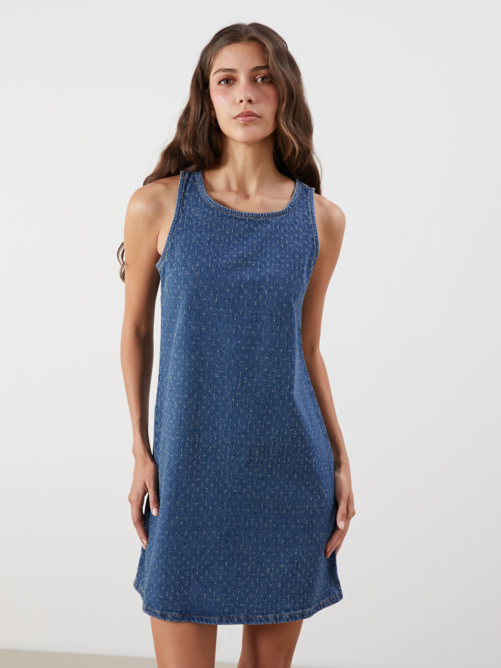 İndigo Bisiklet Yaka Kendinden Desenli Mini Jean Elbise