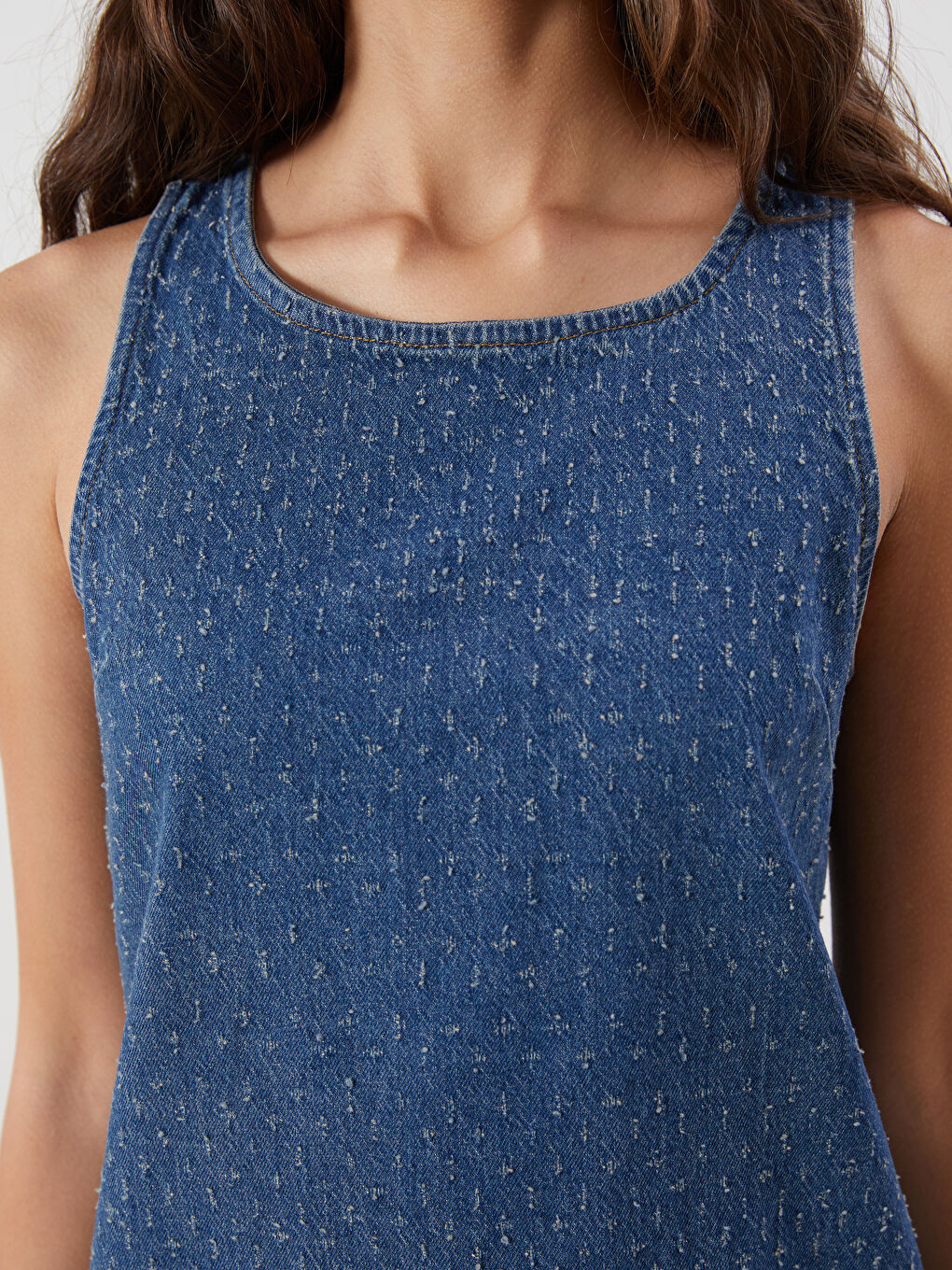 İndigo Bisiklet Yaka Kendinden Desenli Mini Jean Elbise-2