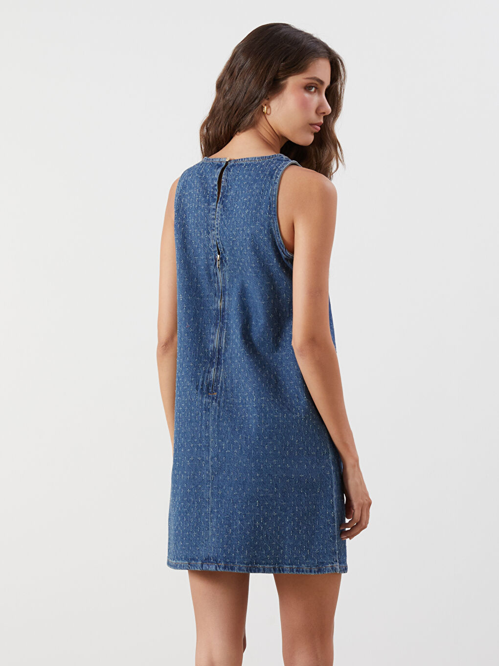 İndigo Bisiklet Yaka Kendinden Desenli Mini Jean Elbise-3