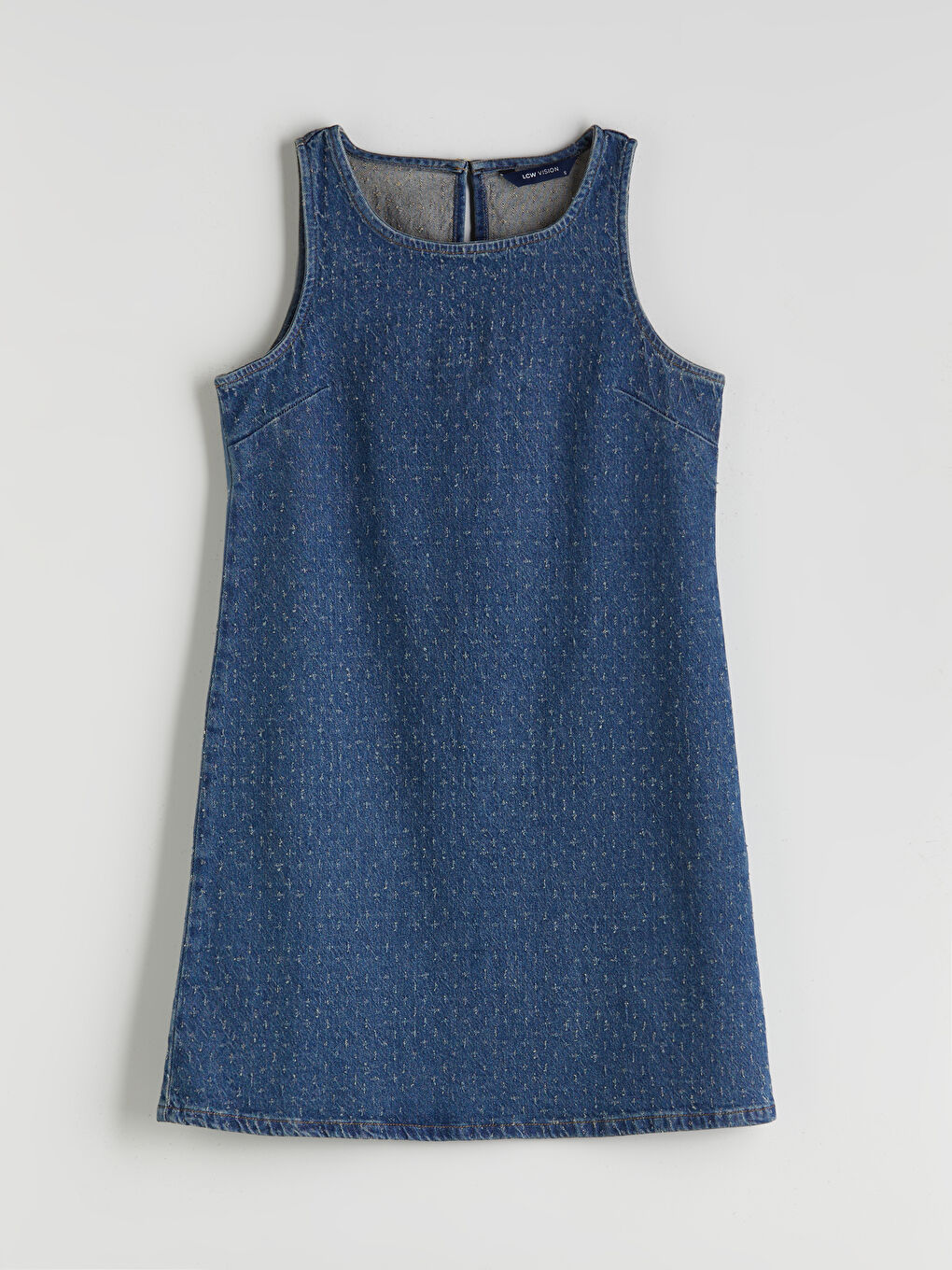 İndigo Bisiklet Yaka Kendinden Desenli Mini Jean Elbise-4