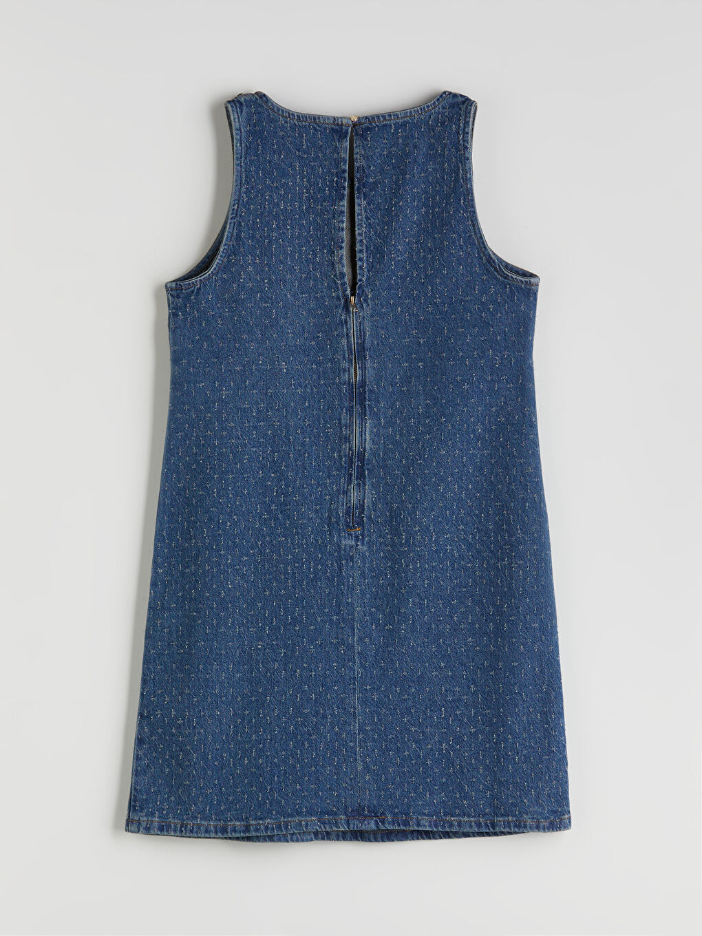 İndigo Bisiklet Yaka Kendinden Desenli Mini Jean Elbise-5