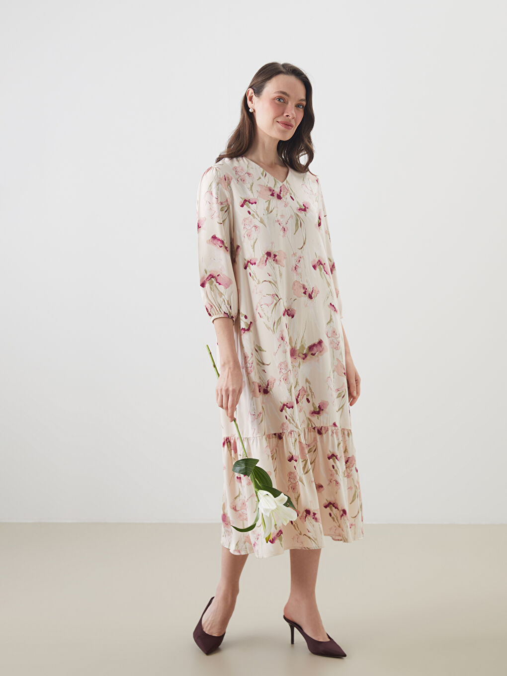 V-Neck Floral A-Line Dress -S5NV41Z8-LQB