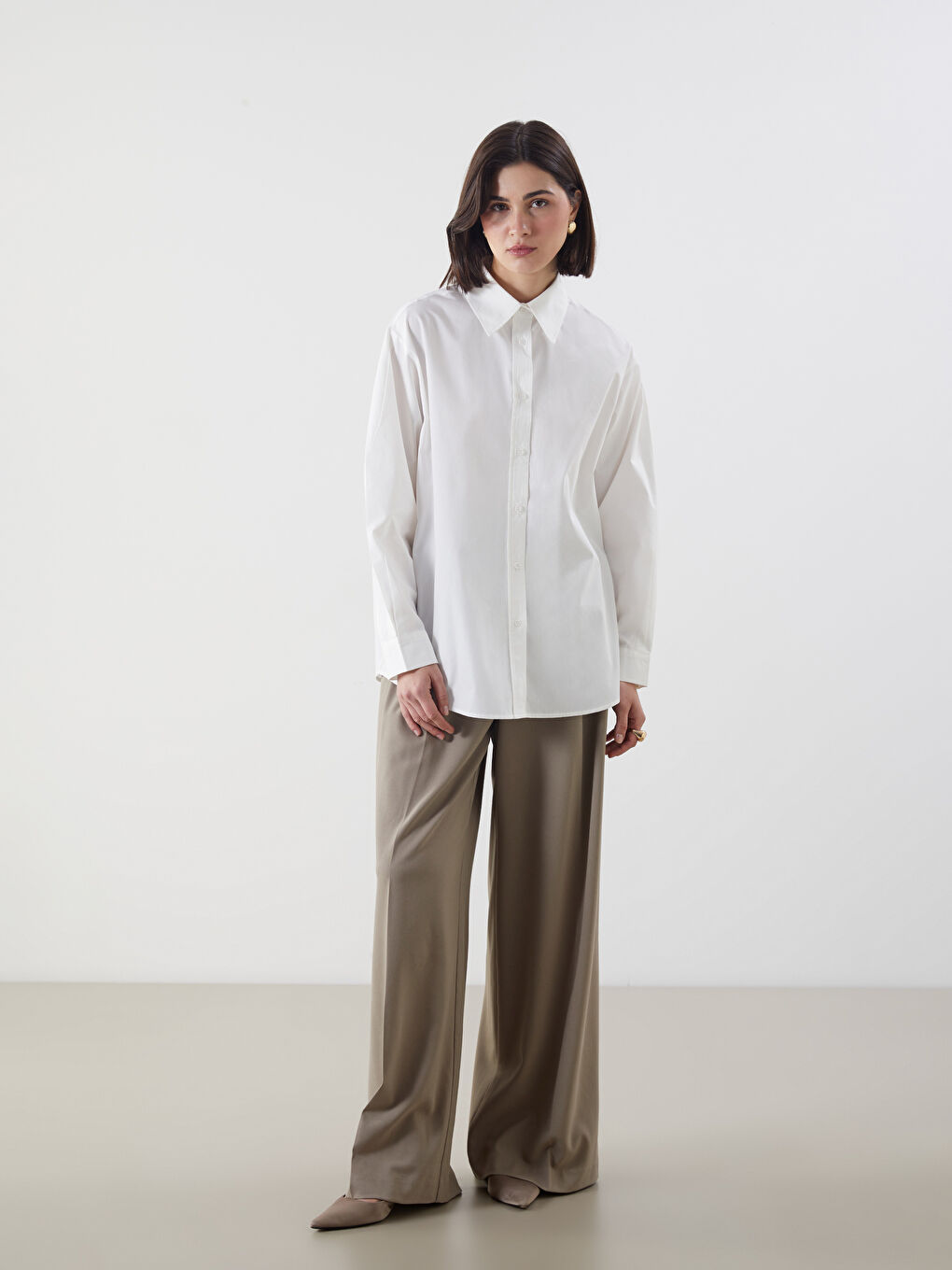 LCW Modest Ekru Poplin Kadın Gömlek Tunik - 1