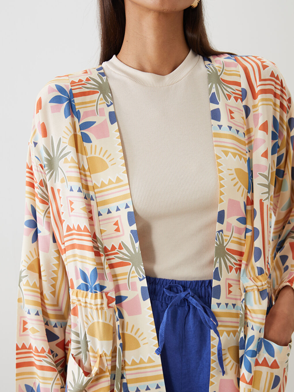 Turuncu Şal Yaka Desenli Oversize Kadın Kimono-2