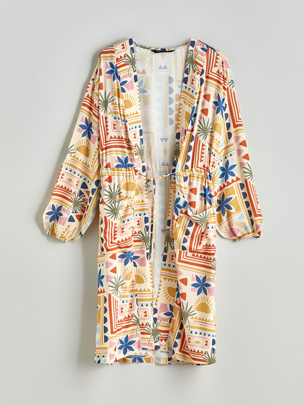 Turuncu Şal Yaka Desenli Oversize Kadın Kimono-4