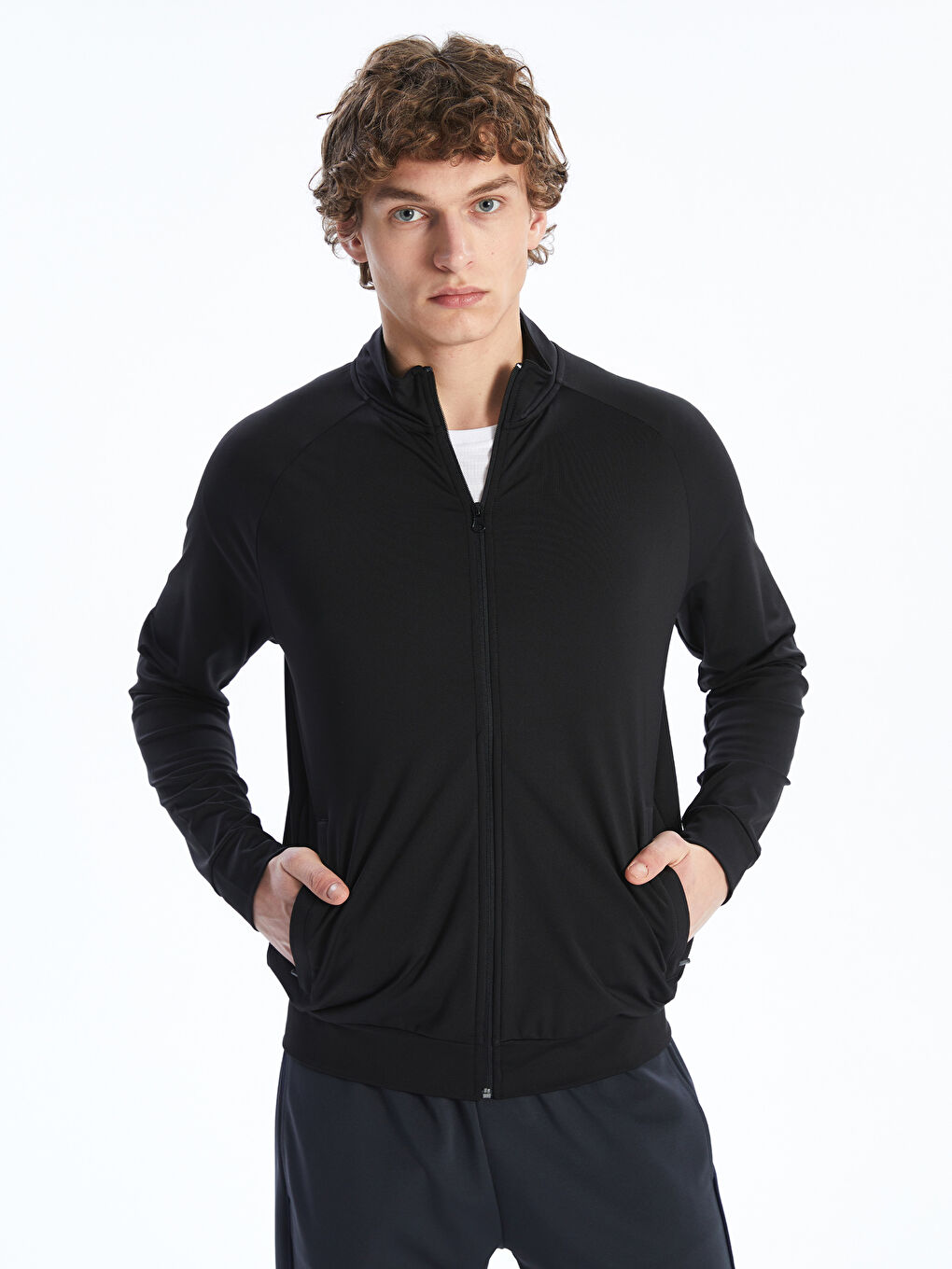 Siyah Dik Yaka Uzun Kollu Erkek Fermuarlı Sweatshirt