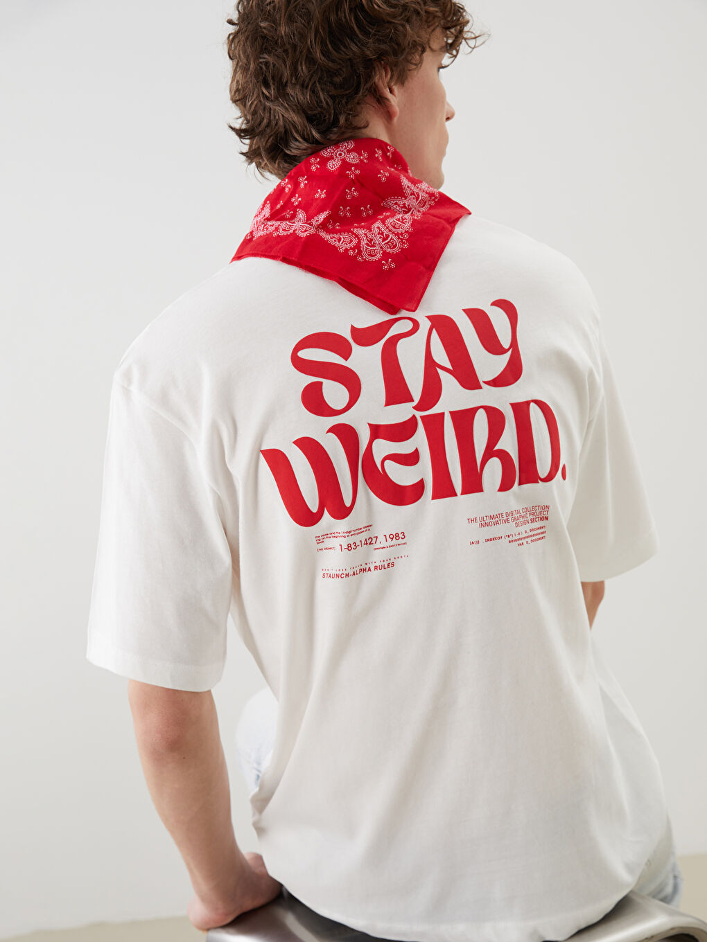 Ekru Bisiklet Yaka Baskılı Penye Erkek Tişört