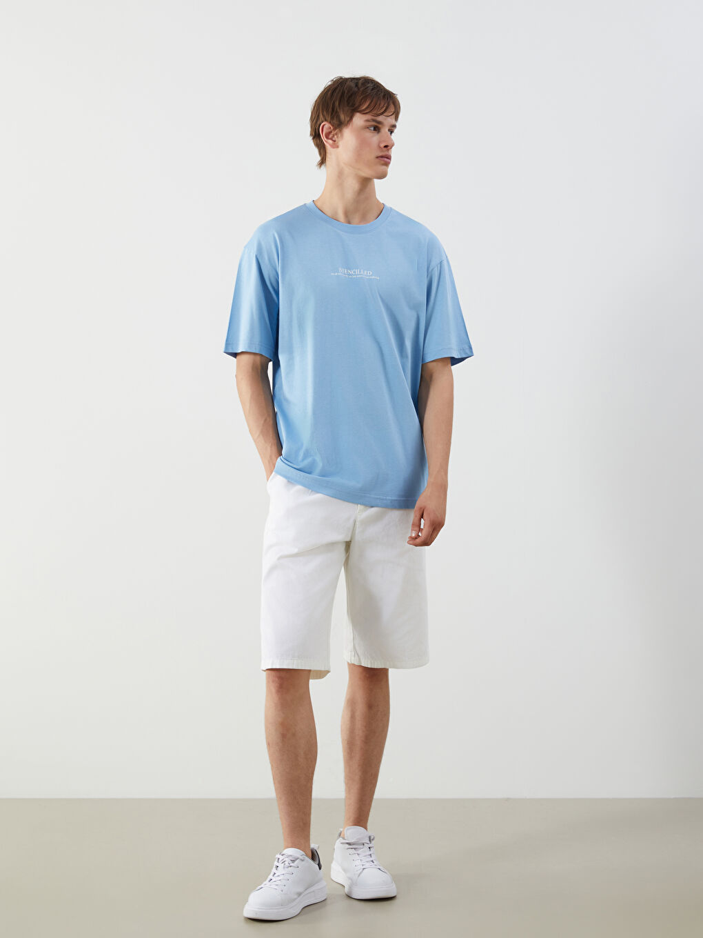 Mavi Bisiklet Yaka Baskılı Penye Erkek Tişört-1