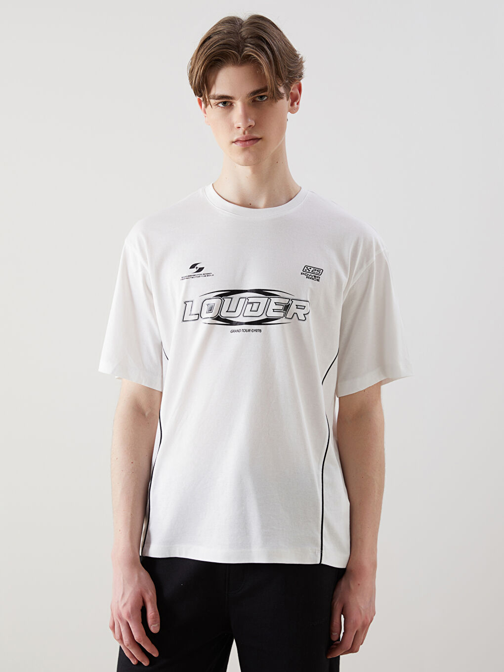 Ekru Bisiklet Yaka Baskılı Penye Erkek Tişört