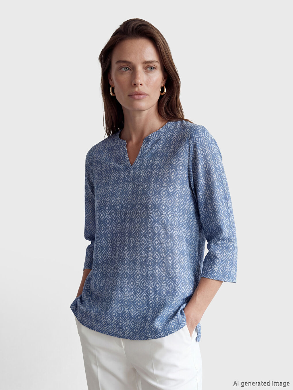 İndigo Kaçık Yaka Desenli Bluz
