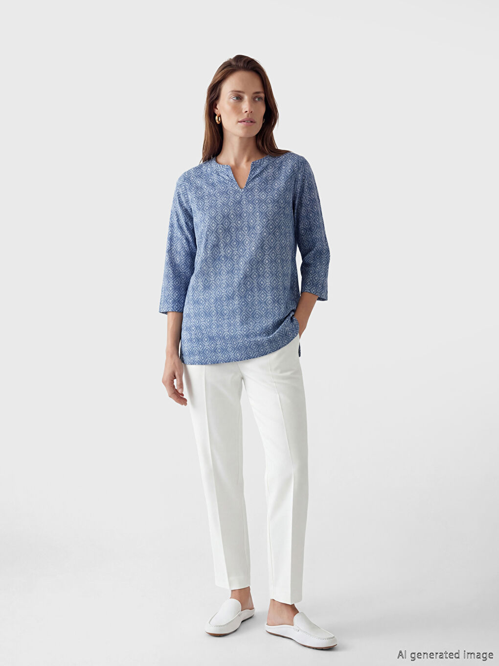 İndigo Kaçık Yaka Desenli Bluz-1