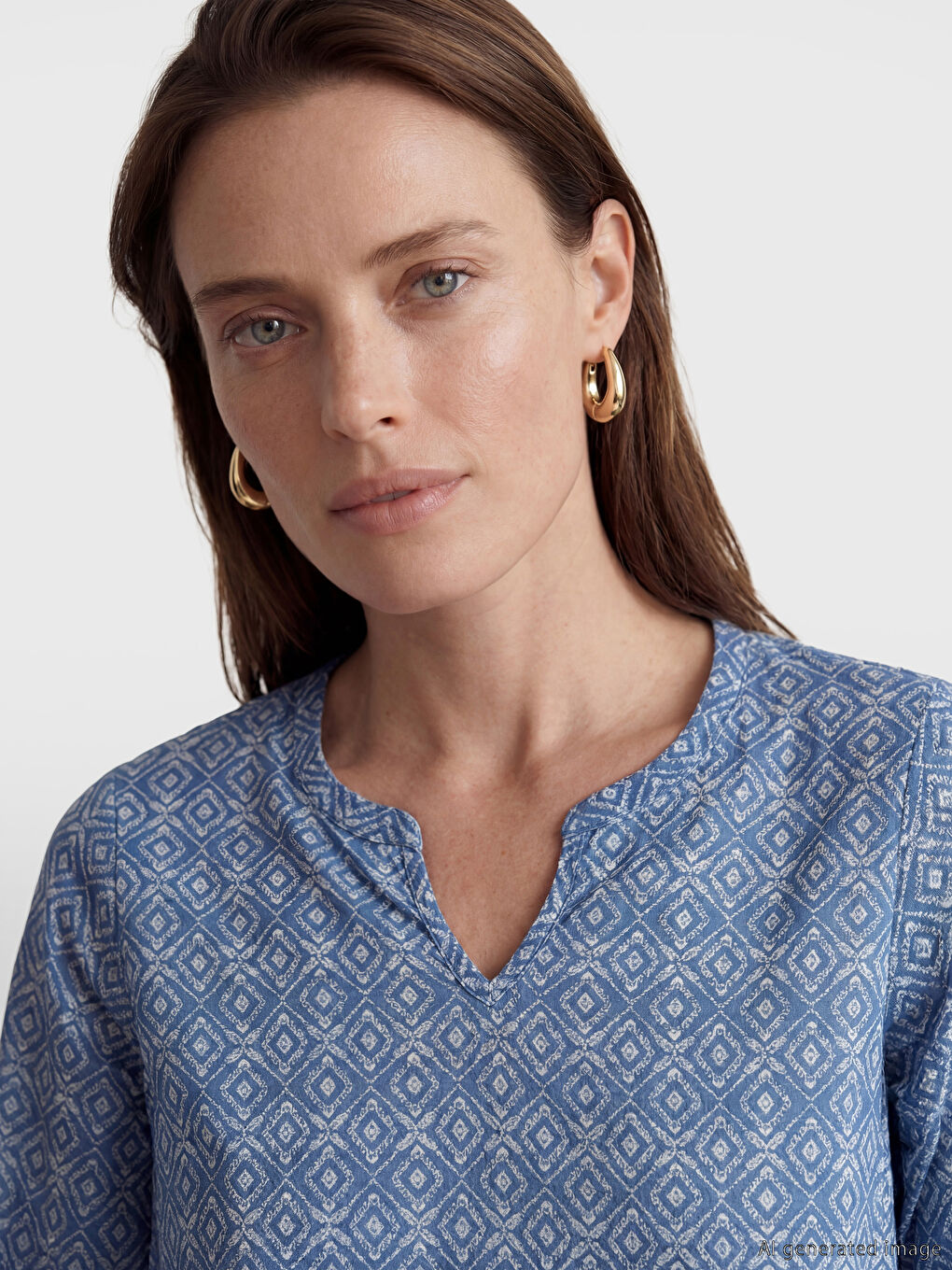 İndigo Kaçık Yaka Desenli Bluz-2