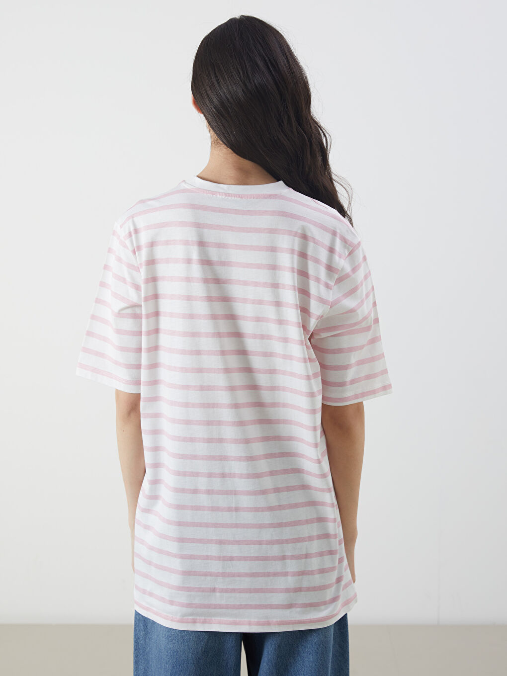 Pembe Bisiklet Yaka Çizgili Kadın Tişört-3