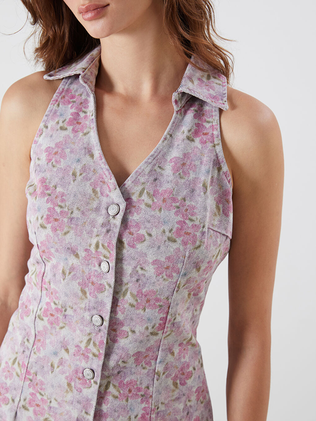 Pembe Gömlek Yaka Çiçekli Jean Elbise-2