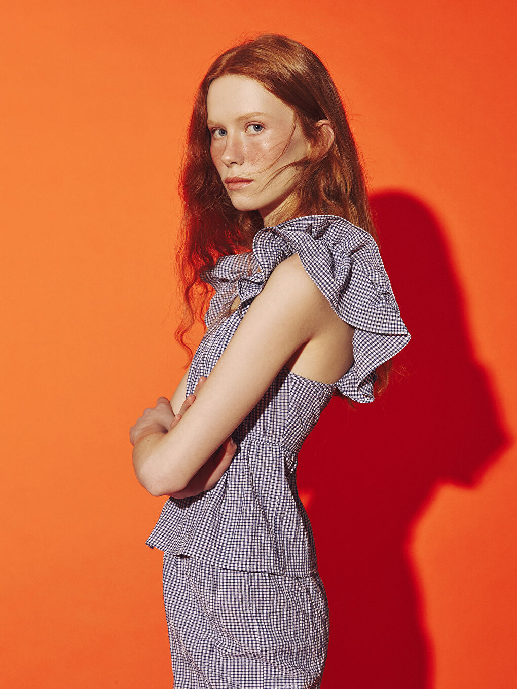 U-Neck Plaid Ruched Blouse -S5O038Z8-CRP