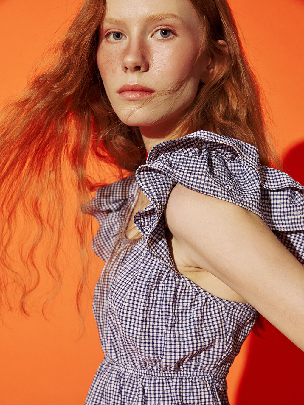 U-Neck Plaid Ruched Blouse -S5O038Z8-CRP