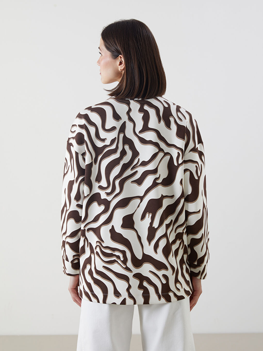 Kahverengi Desenli Oversize Kadın Sweatshirt Tunik-3