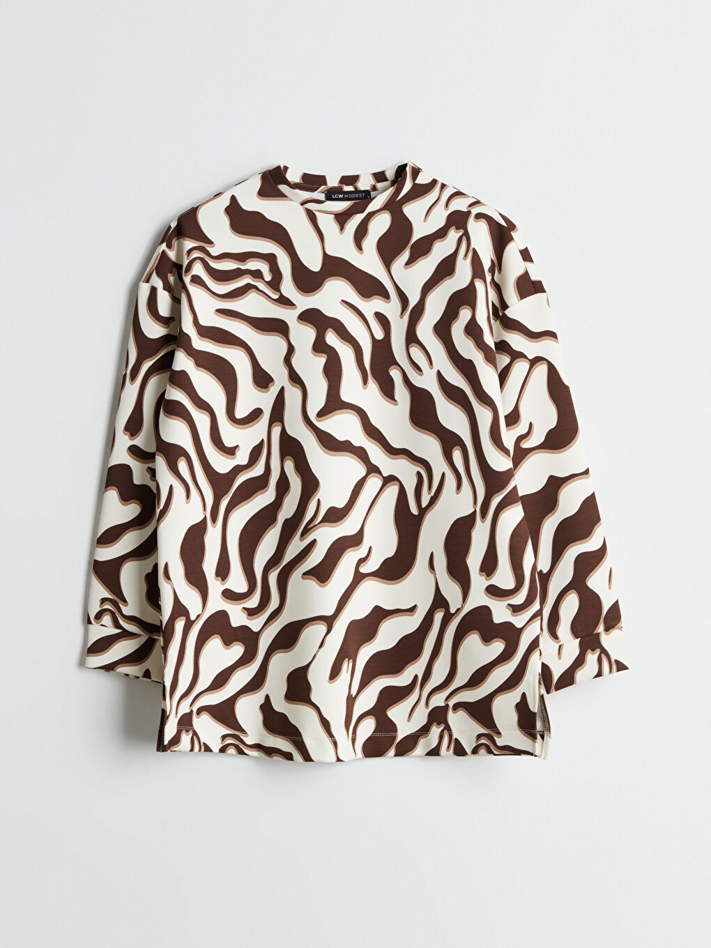 Kahverengi Desenli Oversize Kadın Sweatshirt Tunik-4