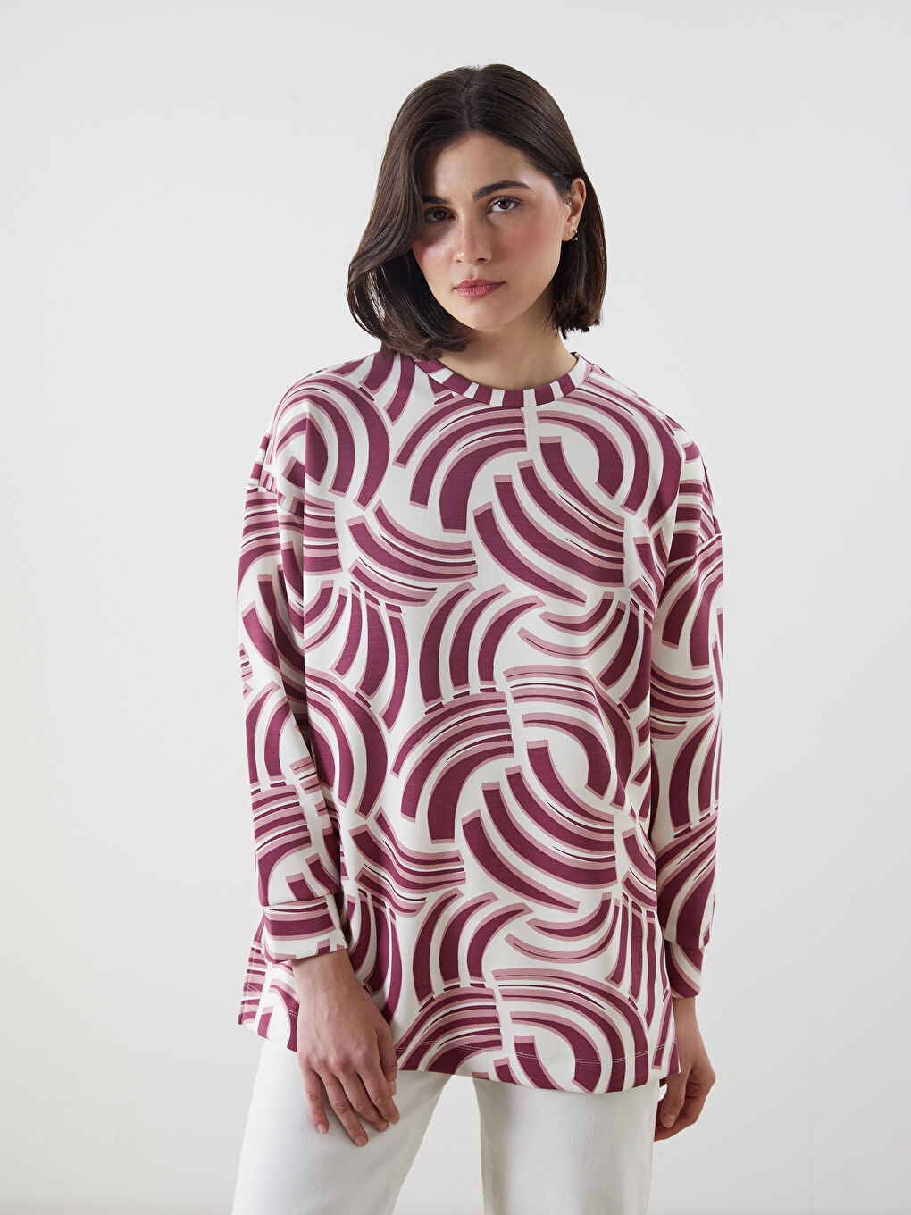 Pembe Desenli Oversize Kadın Sweatshirt Tunik