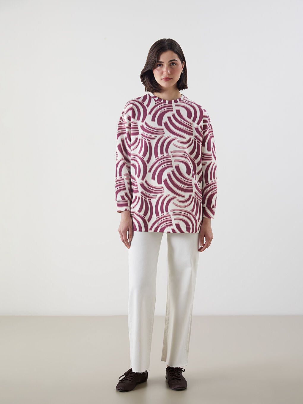 Pembe Desenli Oversize Kadın Sweatshirt Tunik-1