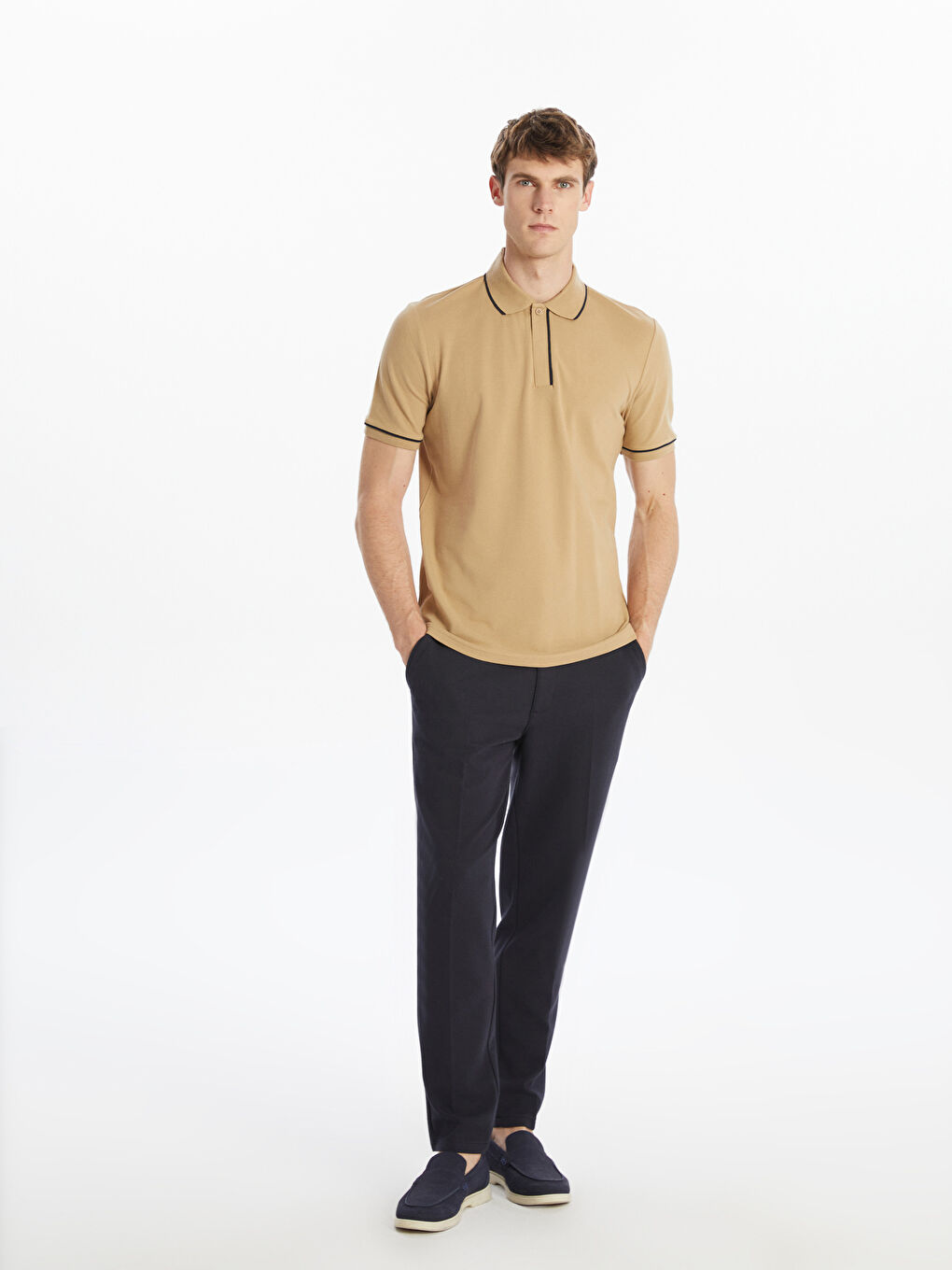 Bej Polo Yaka Kısa Kollu Erkek Tişört-1