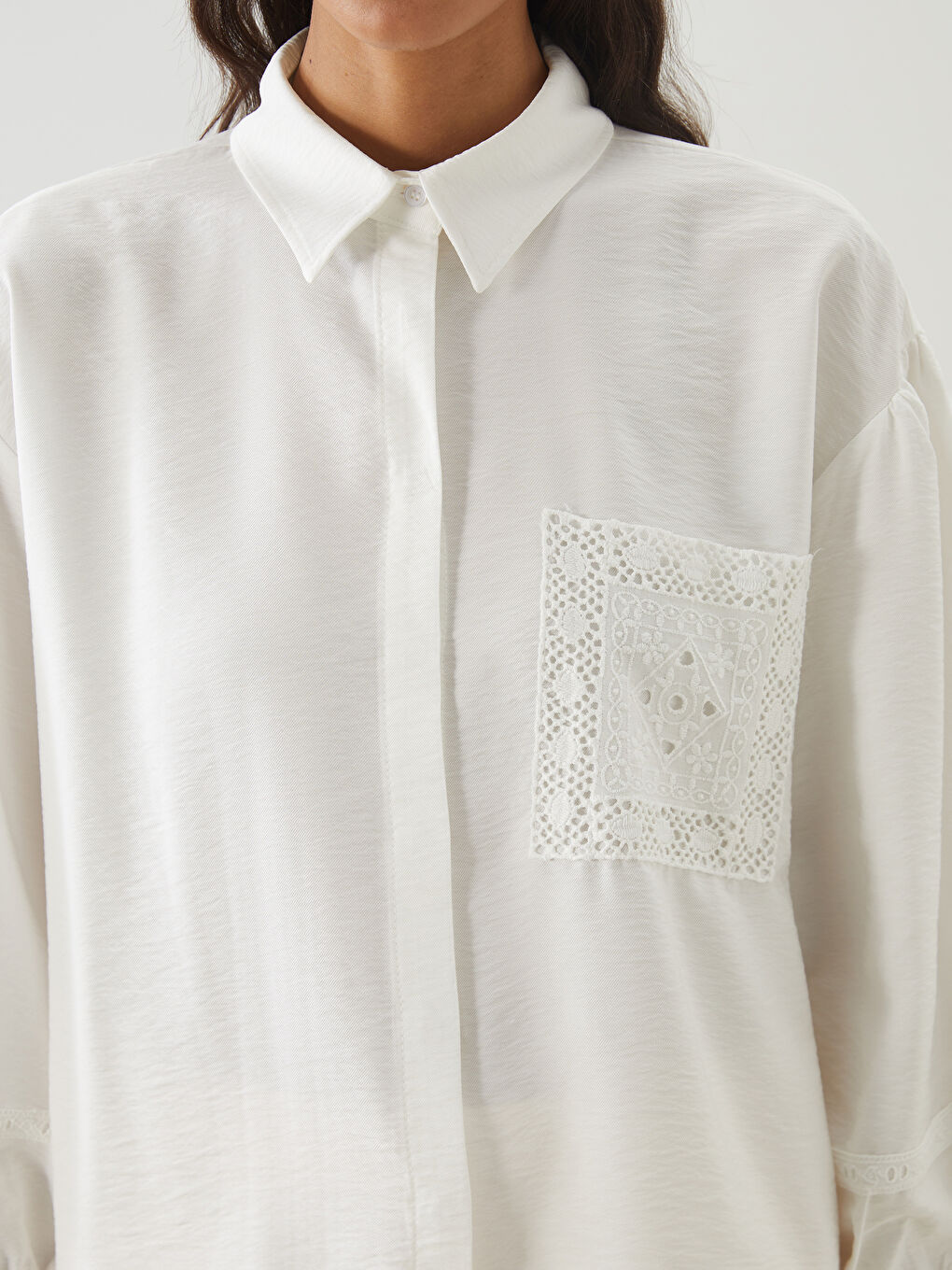 Ekru Dantel Cepli Kadın Gömlek Tunik-2