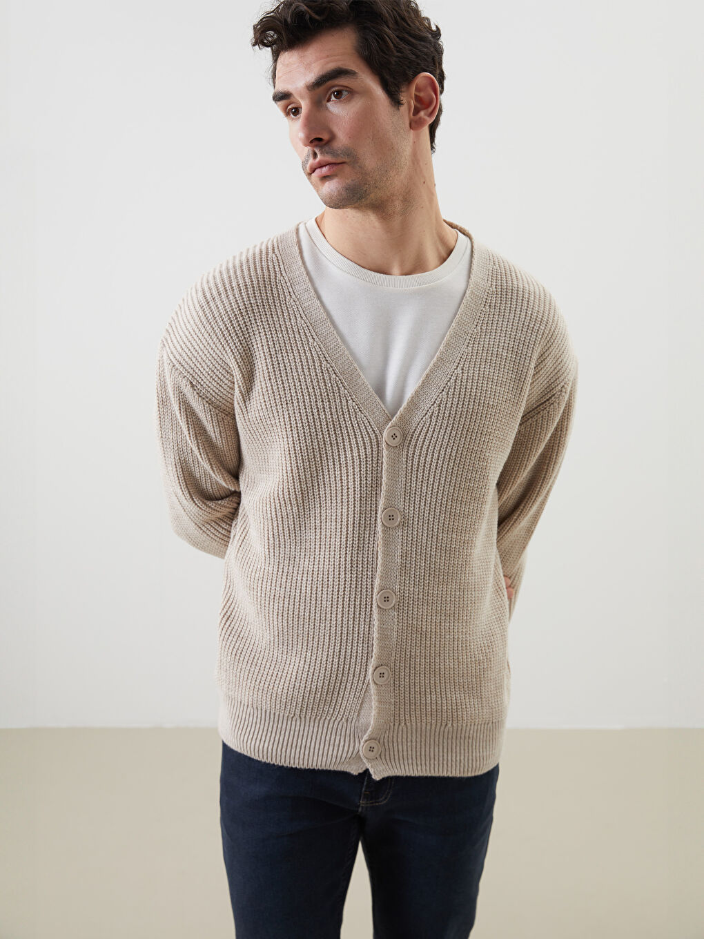 Standard Fit V Neck Men's Tricot Cardigan -S5O123Z8-D4N