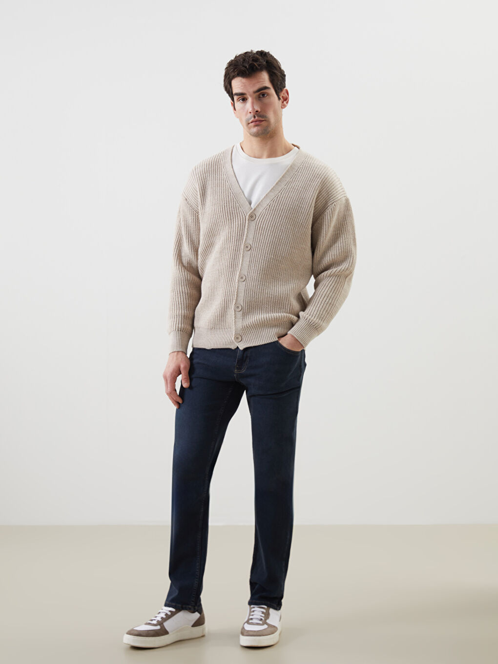 Standard Fit V Neck Men's Tricot Cardigan -S5O123Z8-D4N
