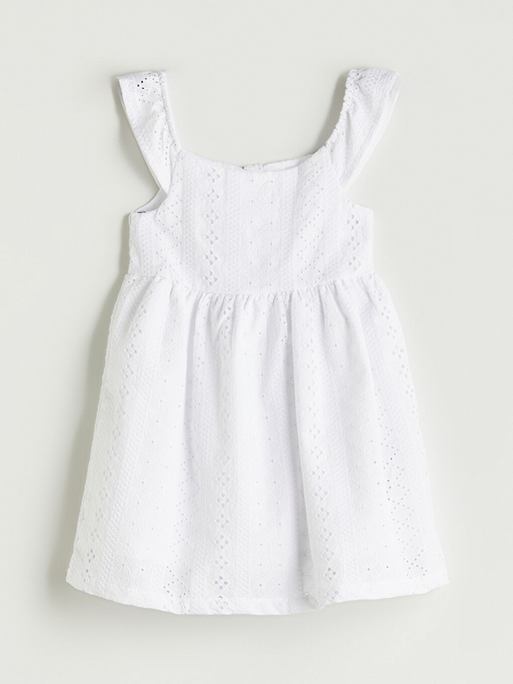 Beyaz Bisiklet Yaka Nakışlı Kız Çocuk Elbise