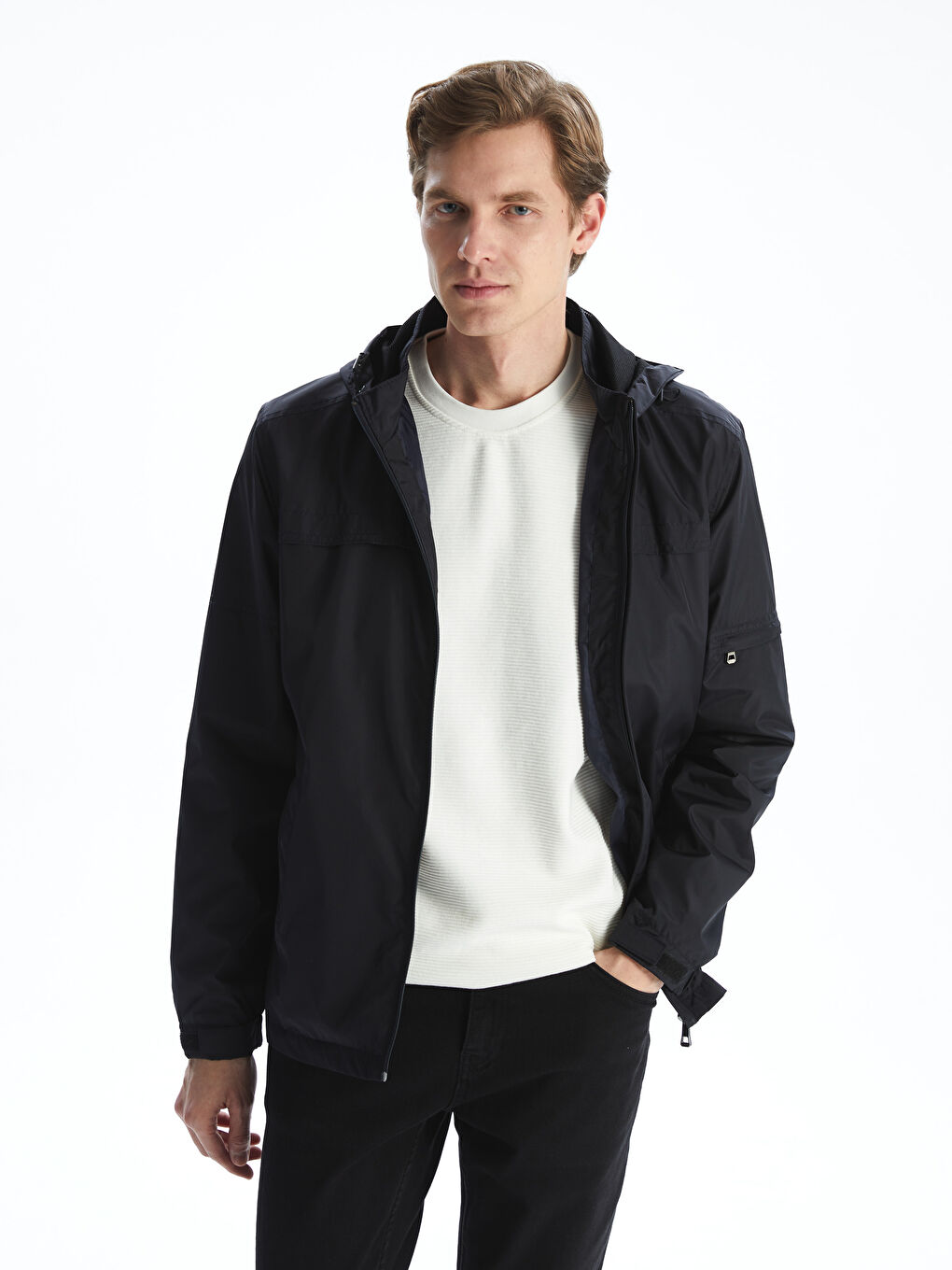 Lacivert Standart Kalıp Kapüşonlu Erkek Mont